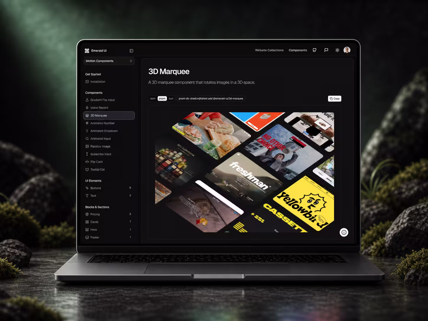 Emerald UI product page with polished component previews