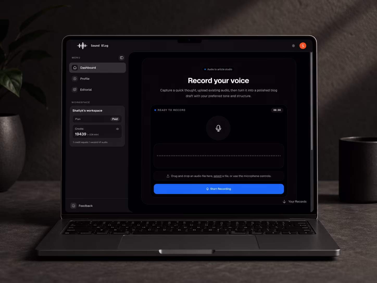 Sound Blog dashboard with voice recording workspace on laptop
