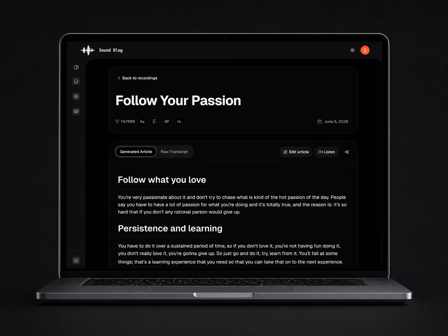 Sound Blog generated article and transcript review screen