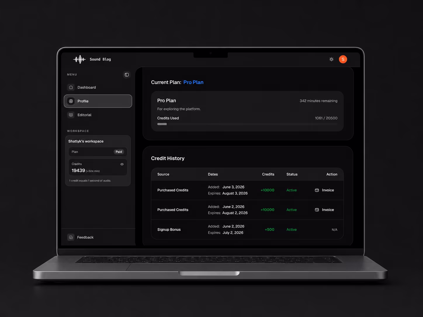 Sound Blog profile and credit usage overview